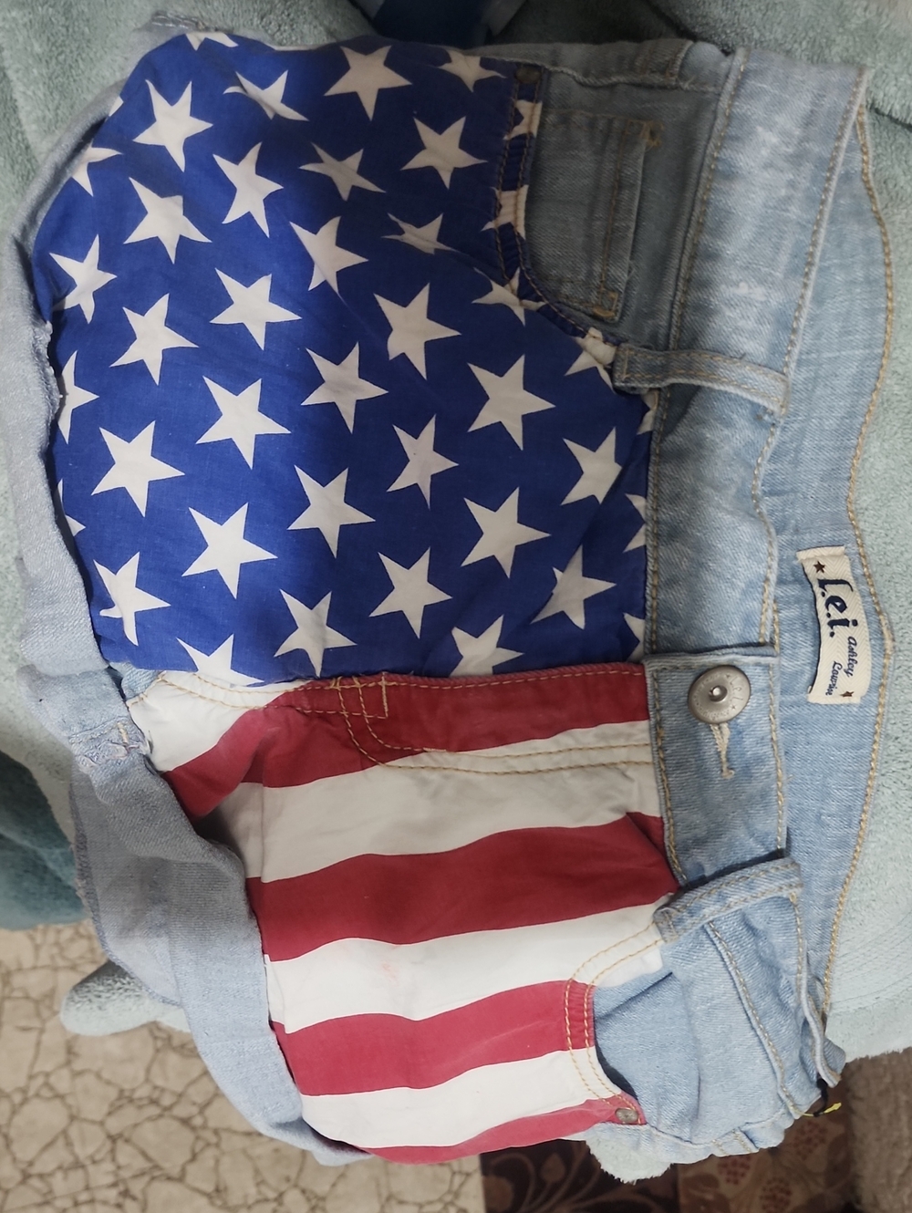 lei Light Blue Denim Shorts with Stars & Stripes Pocket Lining